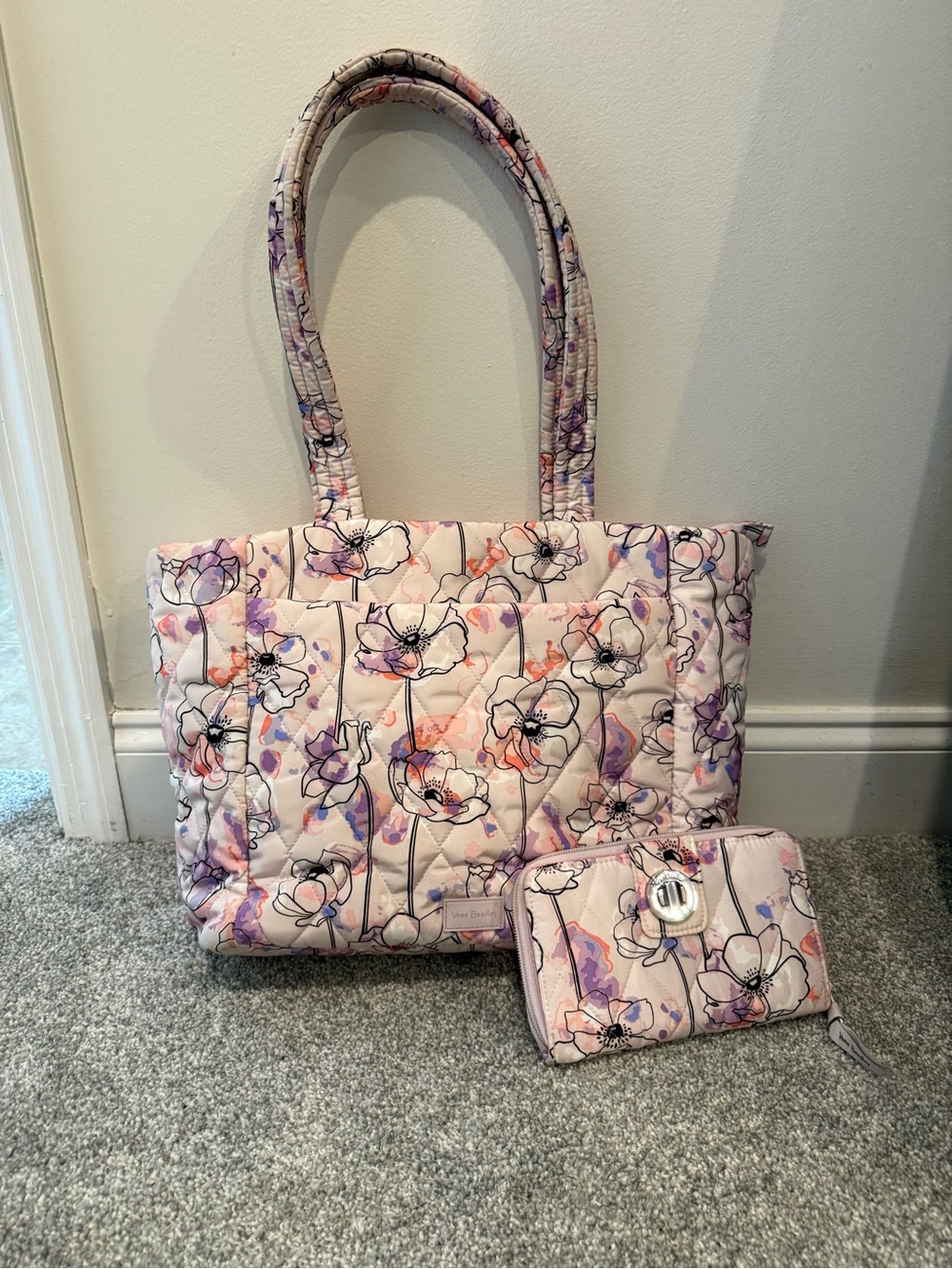 Vera Bradley Perennials Gray Small Vera Tote + Turnlock Wallet EUC Retired Set
